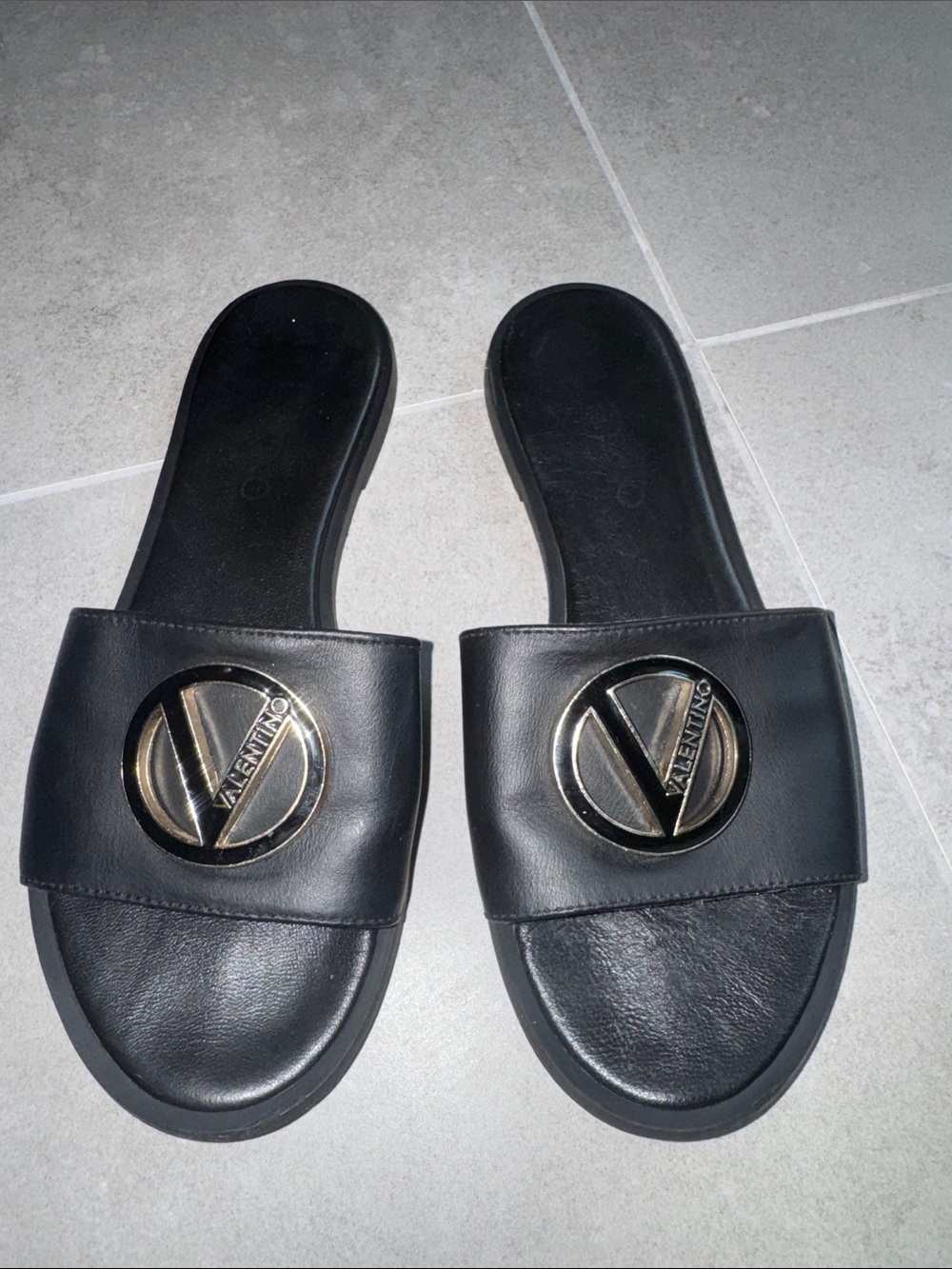 Valentino By Mario Valentino Black Logo Slide Sandals W Box